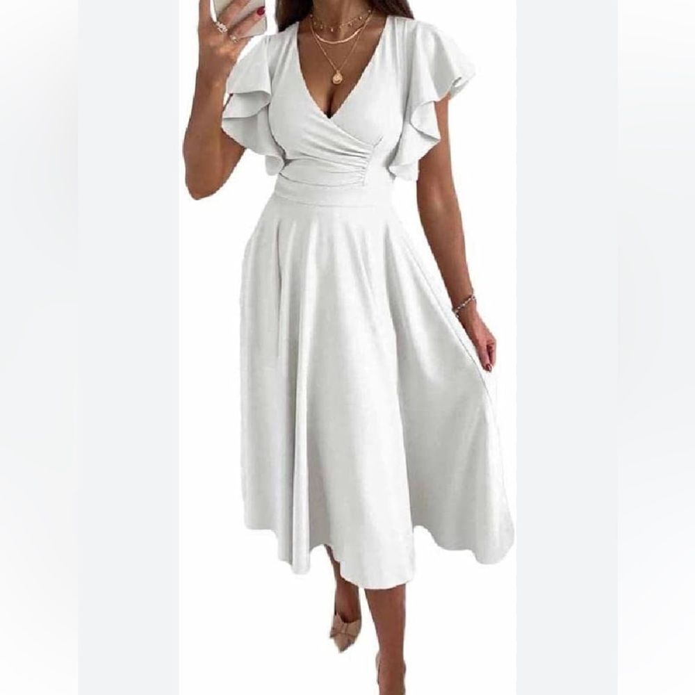 LYANER Warp V Neck Ruffle Short Sleeve A Line Swing Flared Cocktail Party Midi